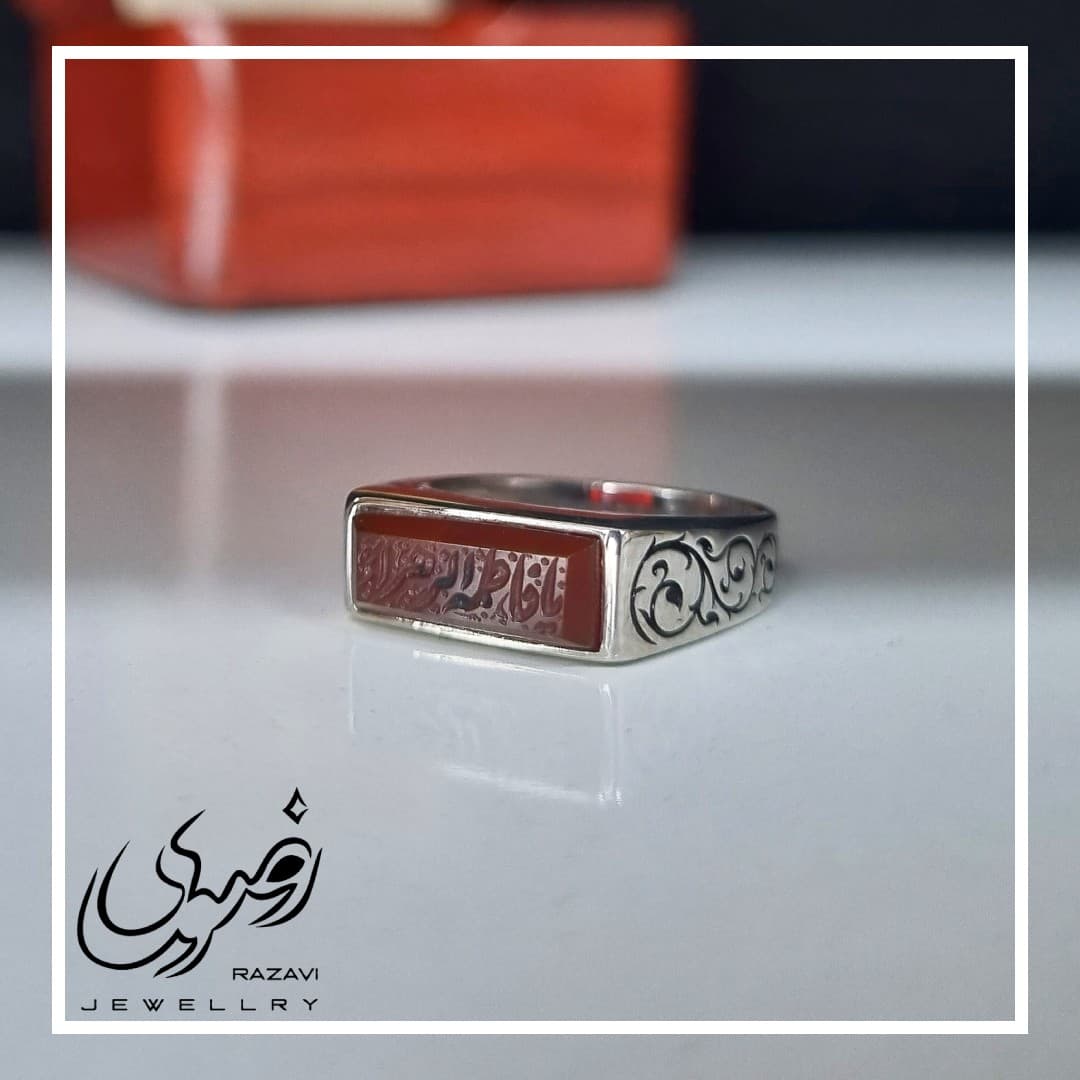 انگشتر ست مردانه و زنانه نقره دست ساز عقیق یمنی با حکاکی یا علی یا فاطمه الزهرا — تصویر ۵