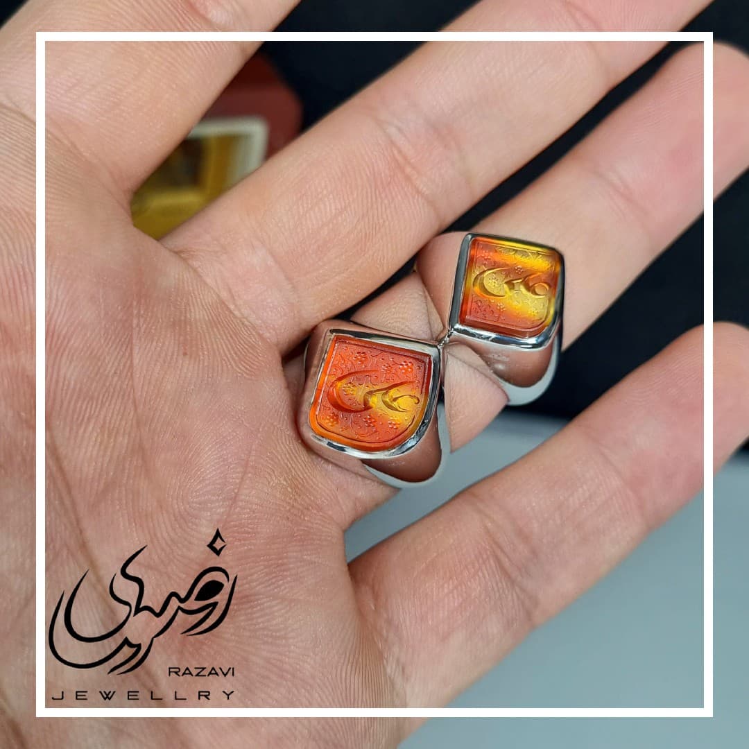 ست انگشتر نقره دست ساز مردانه و زنانه عقیق سرخ با حکاکی علی — تصویر ۳