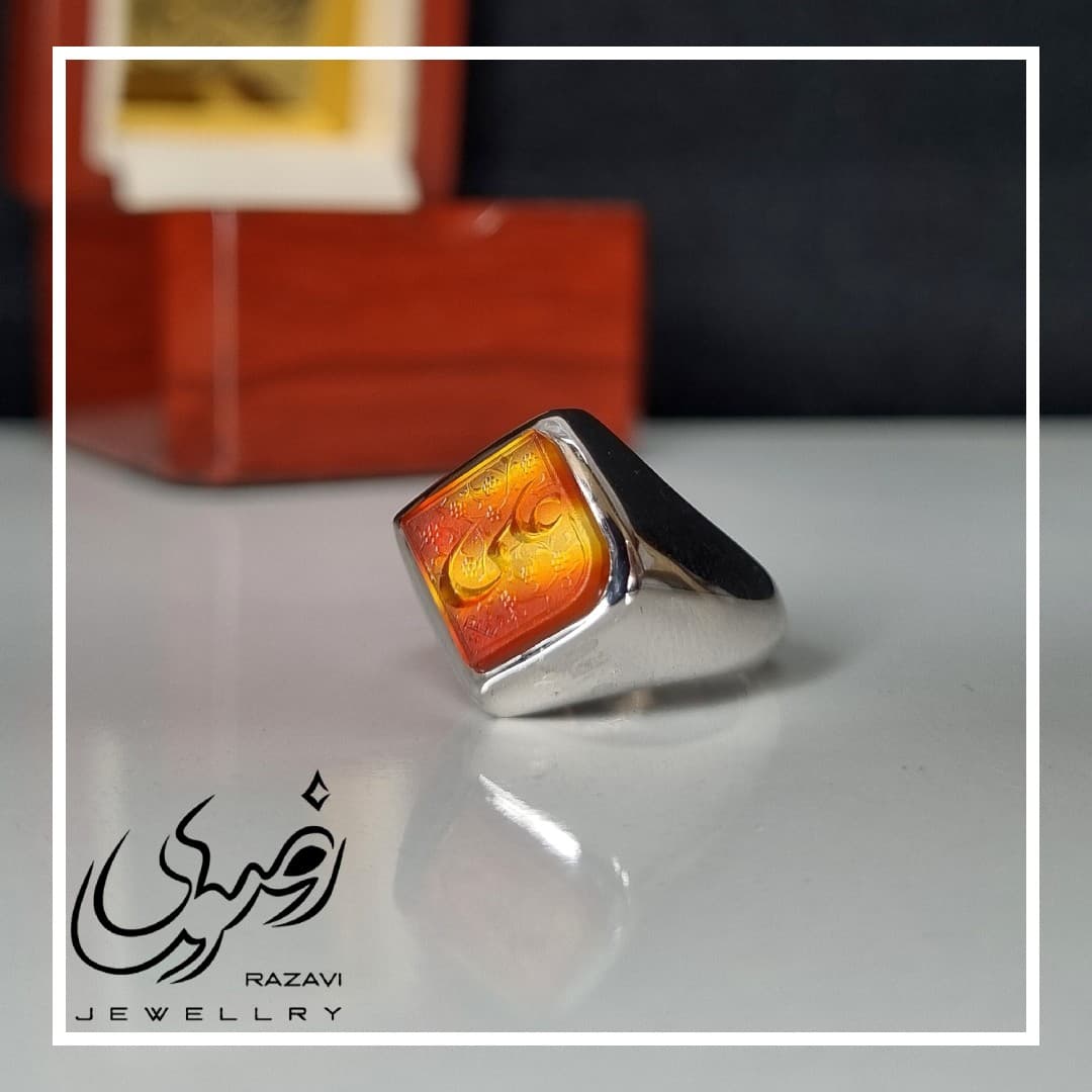 ست انگشتر نقره دست ساز مردانه و زنانه عقیق سرخ با حکاکی علی — تصویر ۶