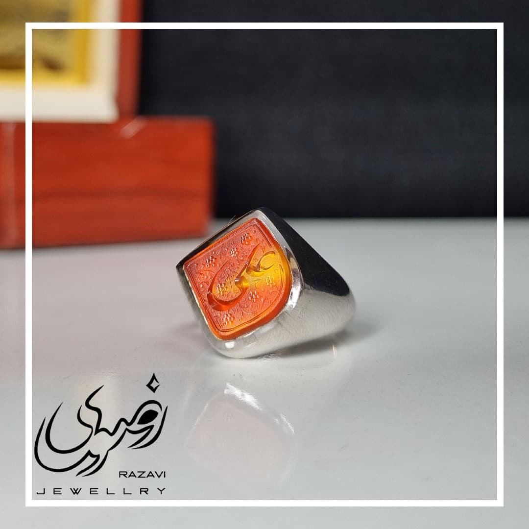 ست انگشتر نقره دست ساز مردانه و زنانه عقیق سرخ با حکاکی علی — تصویر ۴