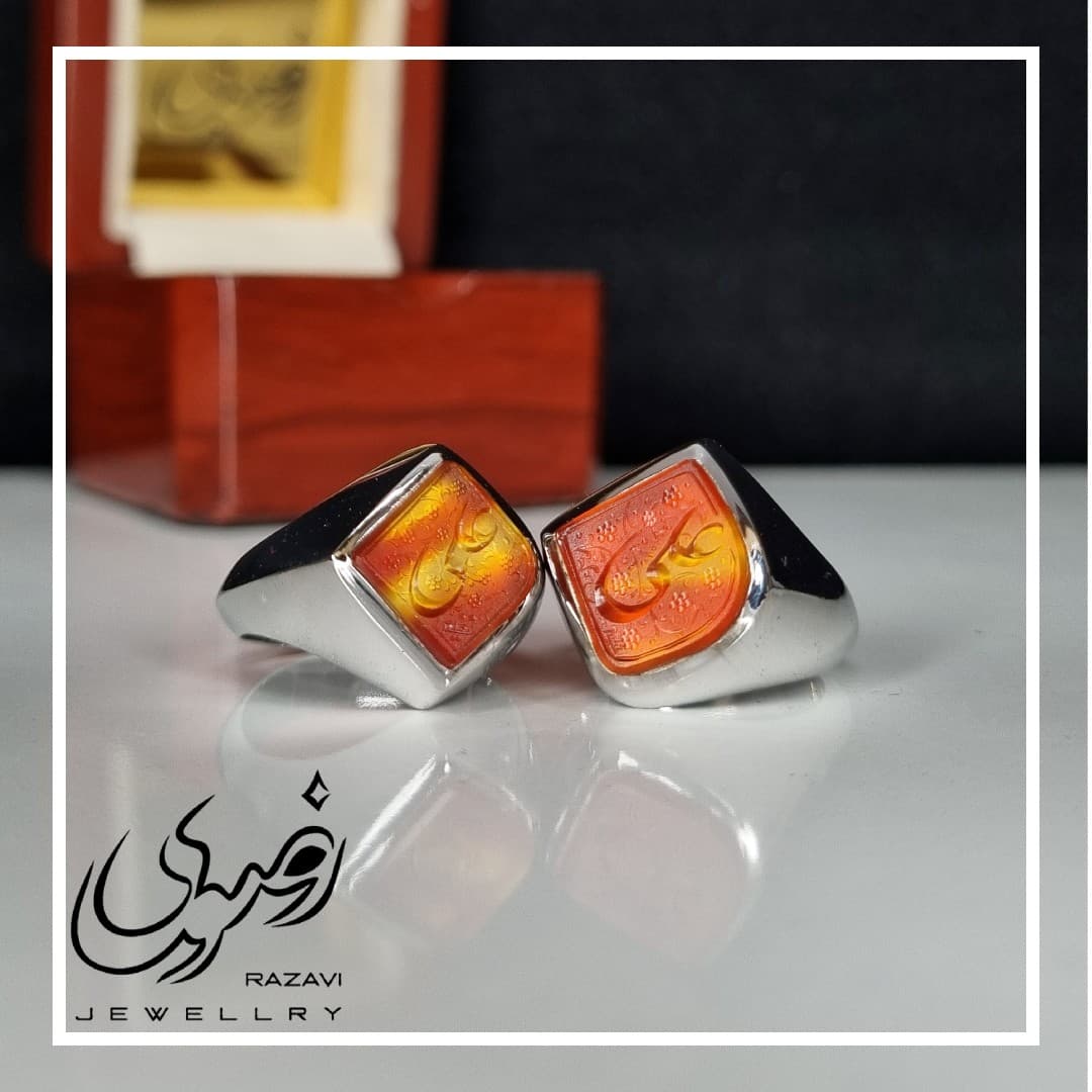 ست انگشتر نقره دست ساز مردانه و زنانه عقیق سرخ با حکاکی علی