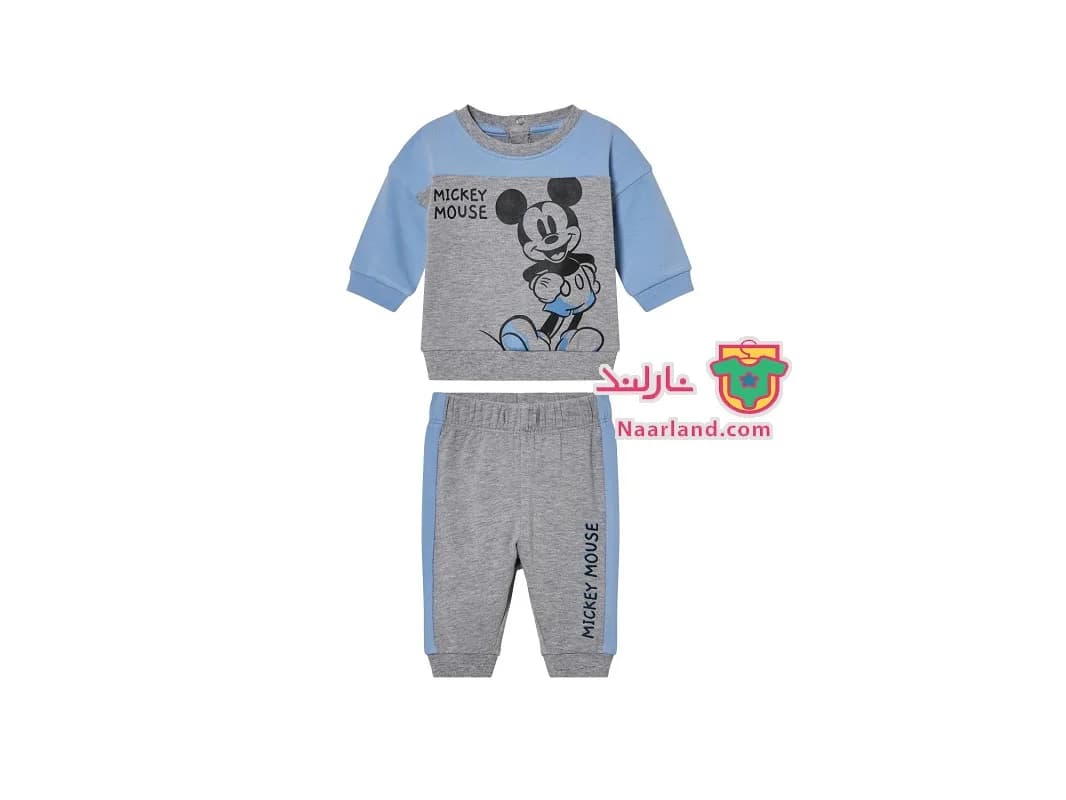 ست بلوز شلوار نوزادی دورس Disney طرح میکی موس خاکستری ابی آسمانی