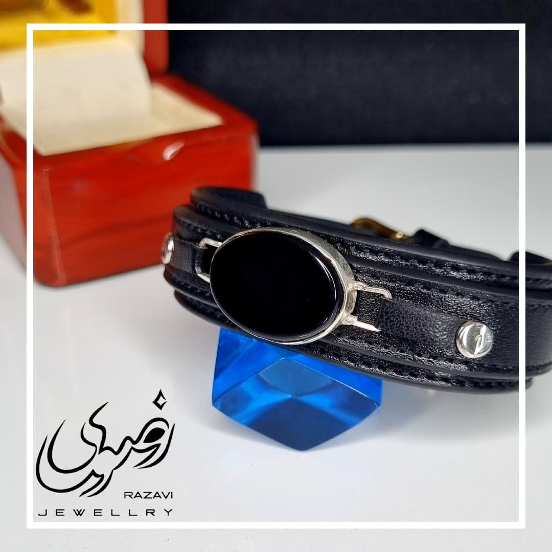 دستبند مردانه چرمی عقیق مشکی