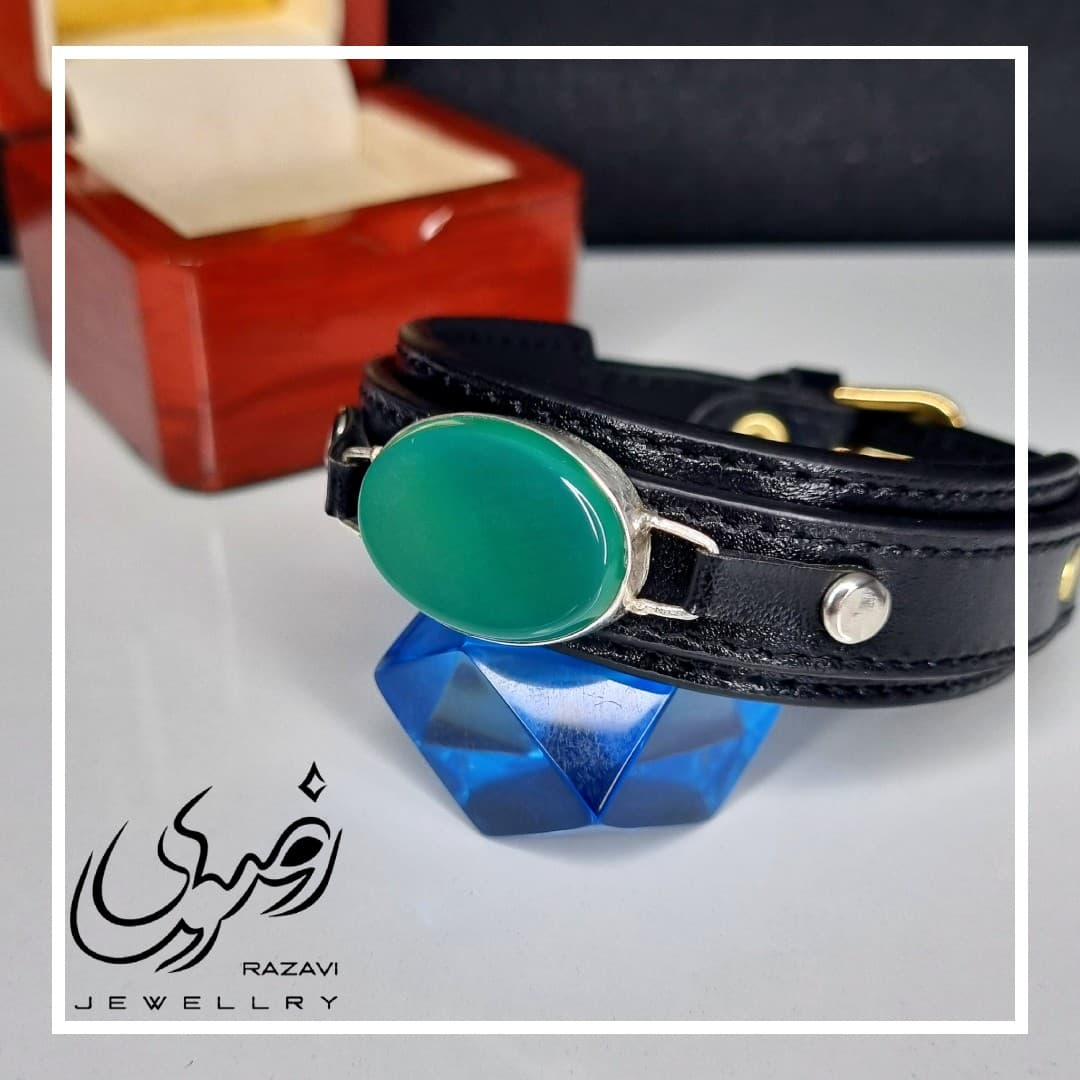 دستبند مردانه چرمی عقیق سبز