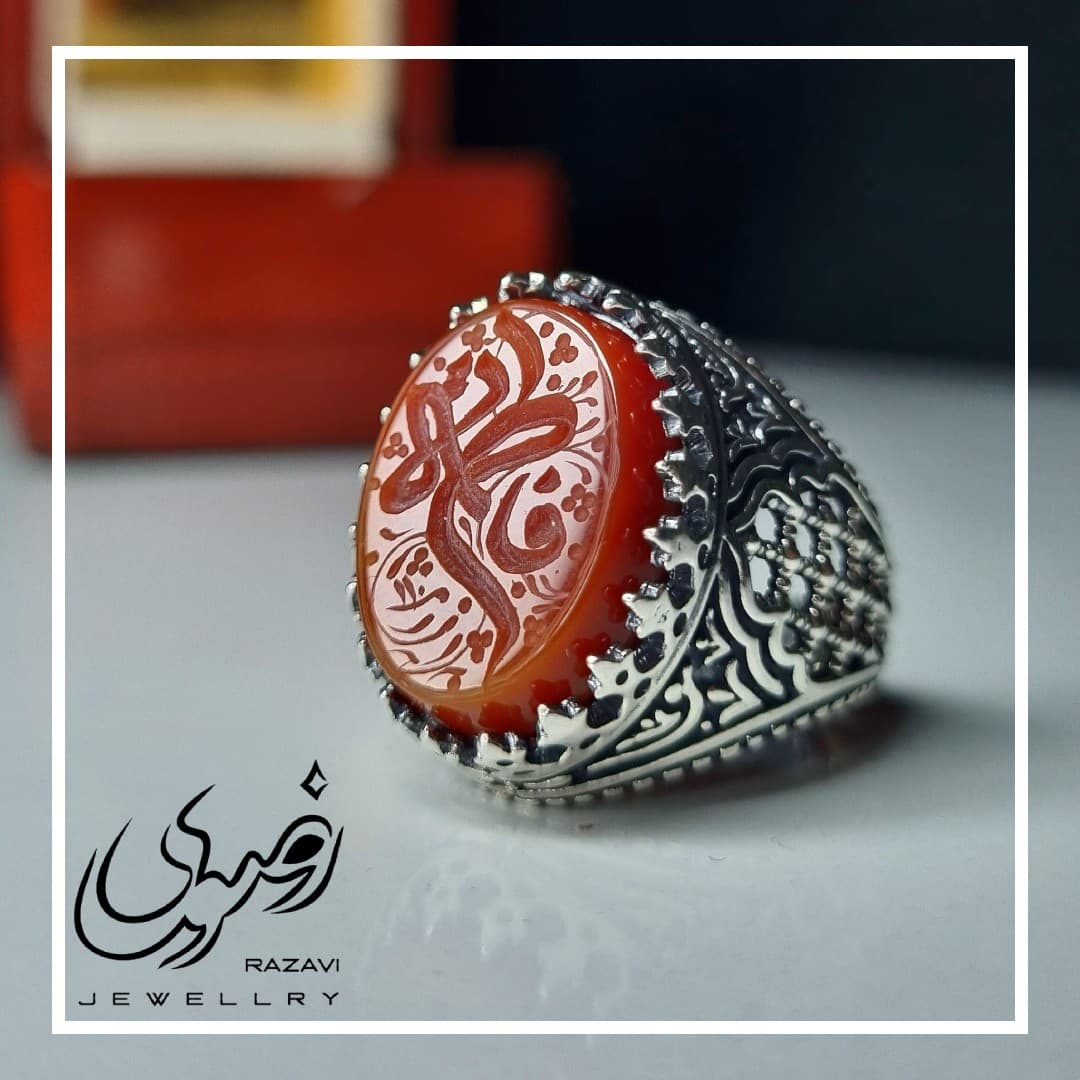 انگشتر نقره مردانه عقیق سرخ با حکاکی یا فاطمه