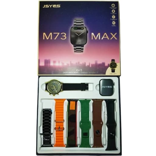 پک ساعت هوشمند مدل JSYES M73 MAX دارای 6 بند متنوع و ساعت مچی عقربه ای هدیه