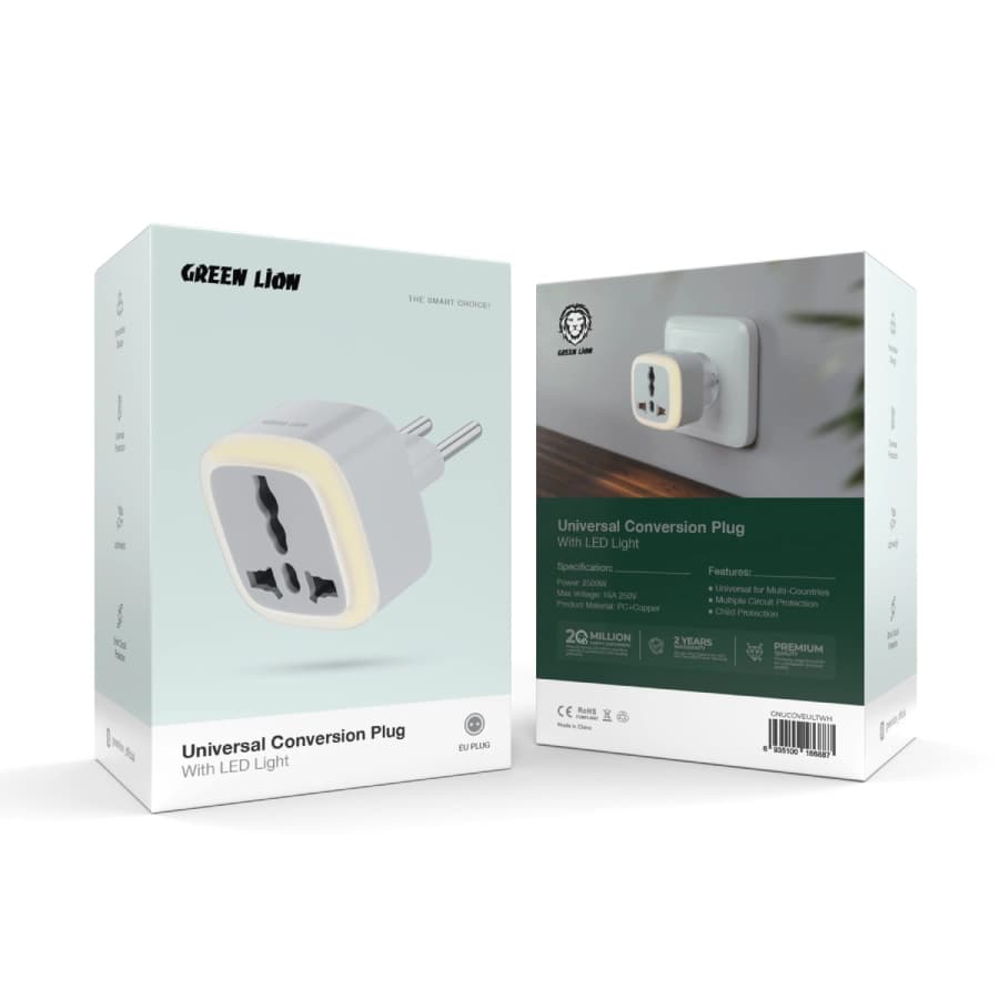 تبدیل برق با نور ال ای دی گرین لاین Green Lion Universal Plug With LED Light EU — تصویر ۳