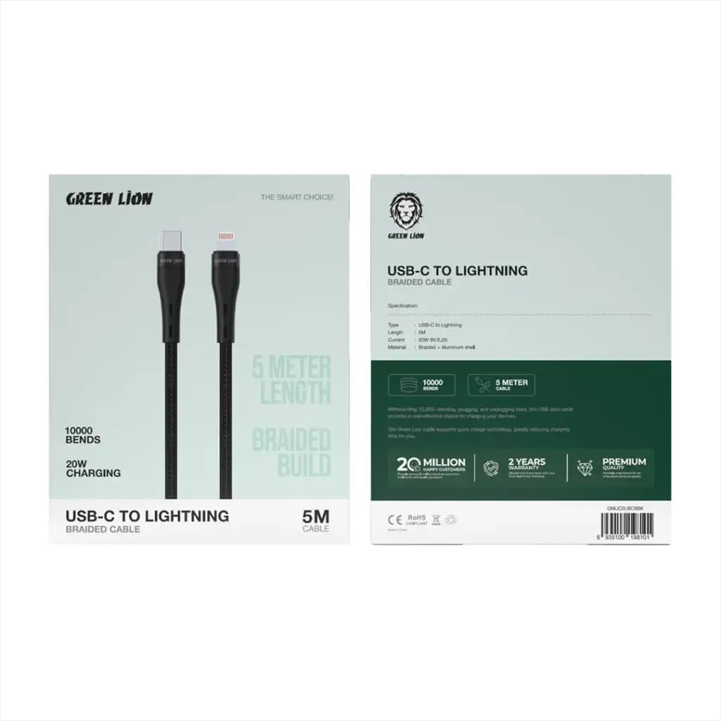 کابل نایلونی 5 متری تایپ سی به لایتنینگ 20 وات گرین لاین(GNUC2LBC5BK)Green Lion USB-C to Lightning Braided Cable 20w — تصویر ۲