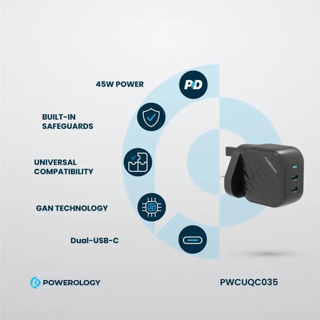 شارژر دیواری دو پورت 45 وات پاورولوژی (PWCUQC035)Powerology Gan Dual USB-C Wall Charger — تصویر ۶