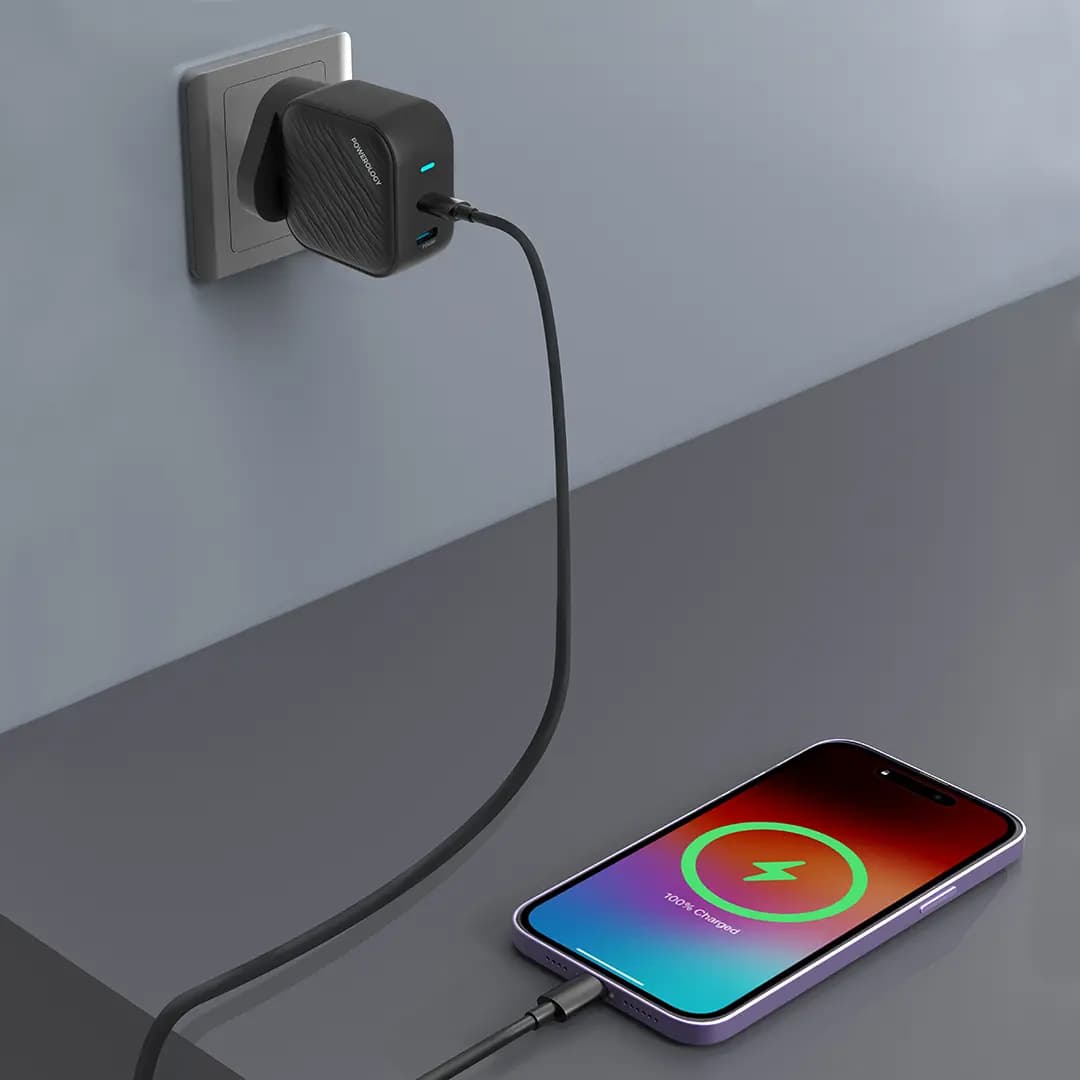 شارژر دیواری دو پورت 45 وات پاورولوژی (PWCUQC035)Powerology Gan Dual USB-C Wall Charger — تصویر ۳