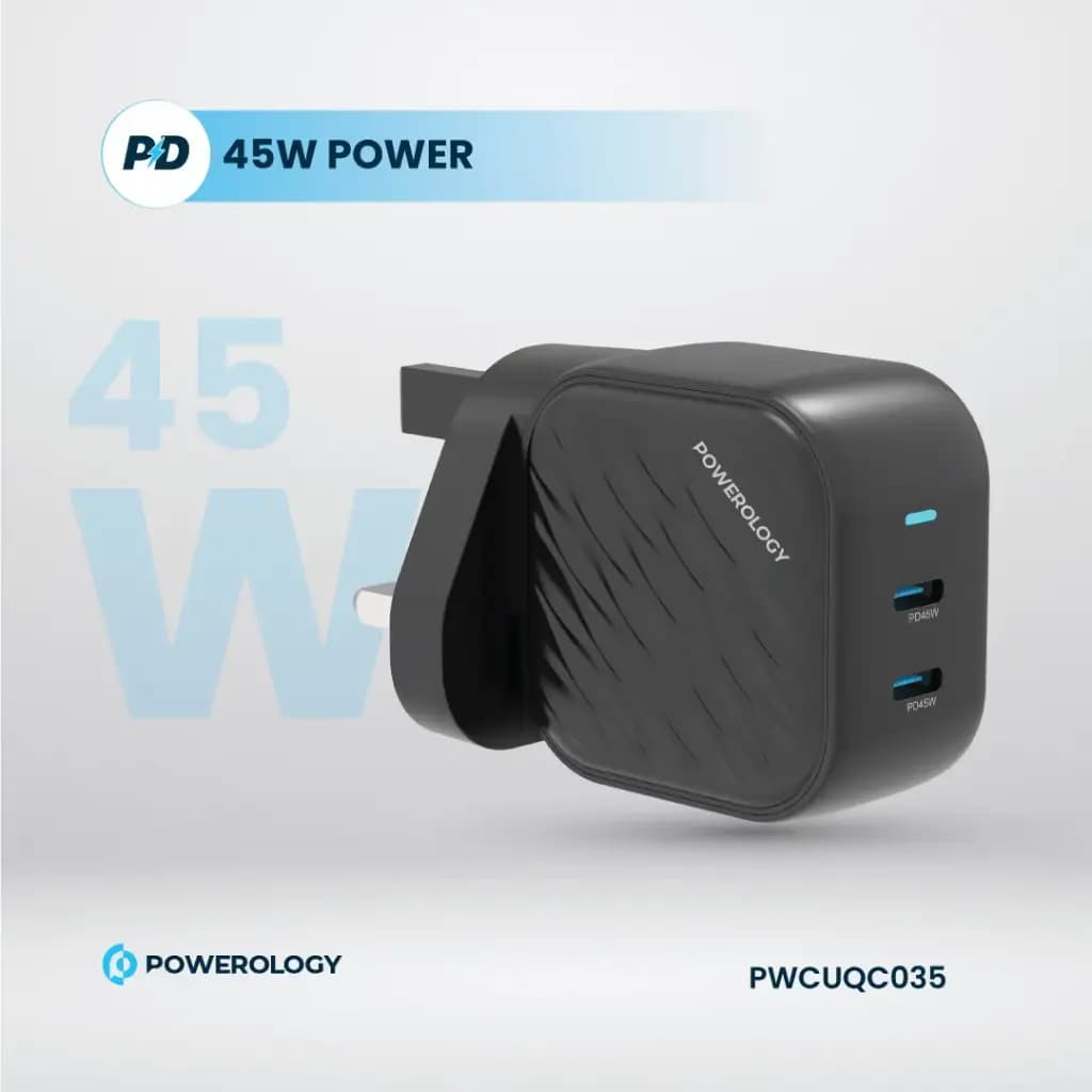 شارژر دیواری دو پورت 45 وات پاورولوژی (PWCUQC035)Powerology Gan Dual USB-C Wall Charger — تصویر ۸