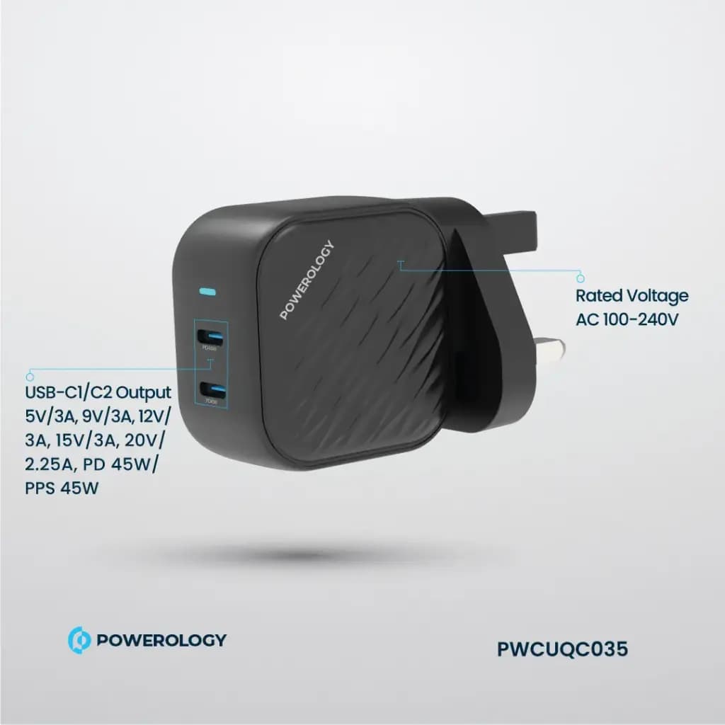 شارژر دیواری دو پورت 45 وات پاورولوژی (PWCUQC035)Powerology Gan Dual USB-C Wall Charger — تصویر ۵