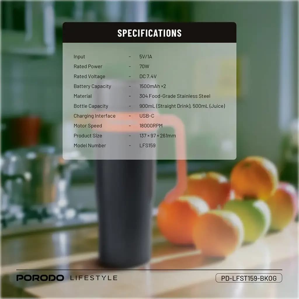 مخلوط کن و ماگ شارژی پرودو(PD-LFST1599)Porodo Lifestyle 6-Blade Portable Blender – Black/Orange — تصویر ۳