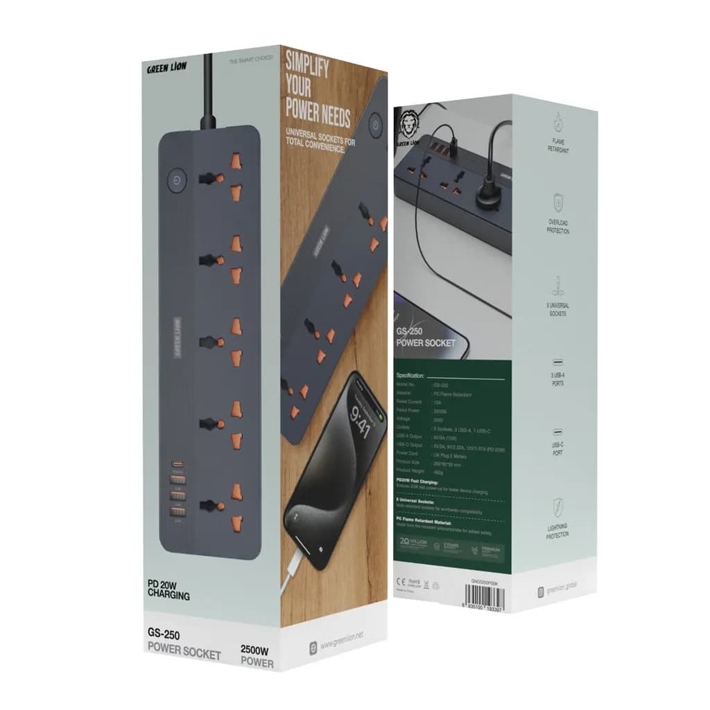 محافظ و چندراهی برق یونورسال GS-250 گرین لاین(GNGS250PS)Green Lion GS-250 Power Socket 2500W – Black — تصویر ۳