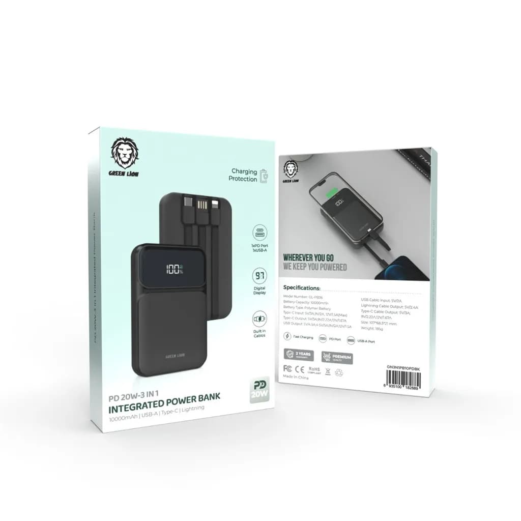پاوربانک 10 هزار با سه مدل کابل گرین لاین(GN3N1PB10PDBK)Green Lion 3 in 1 Integrated Power Bank 10000mAh PD 20W – Black — تصویر ۲