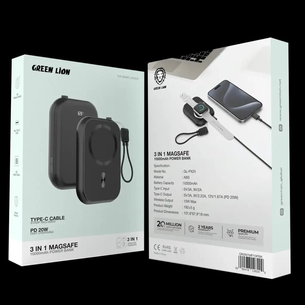 پاوربانک مگسیف سه کاره 10 هزار گرین لاین(GN3N1MF10PBK)Green Lion 3 in 1 MagSafe 10000mAh Power Bank – Black — تصویر ۲