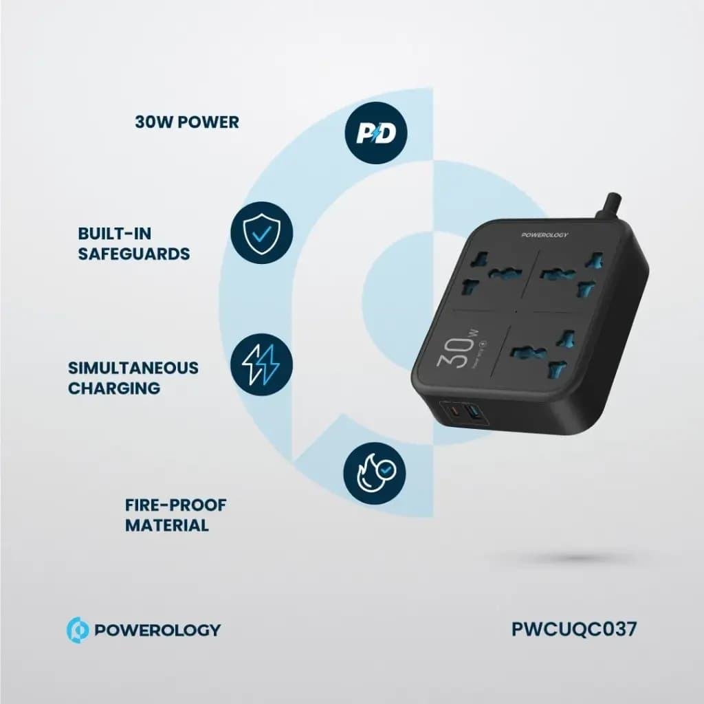 چندراهی و محافظ برق 3250 وات پاورولوژی(PWCUQC037)Powerology Power Strip 3250W 3AC – Black — تصویر ۷