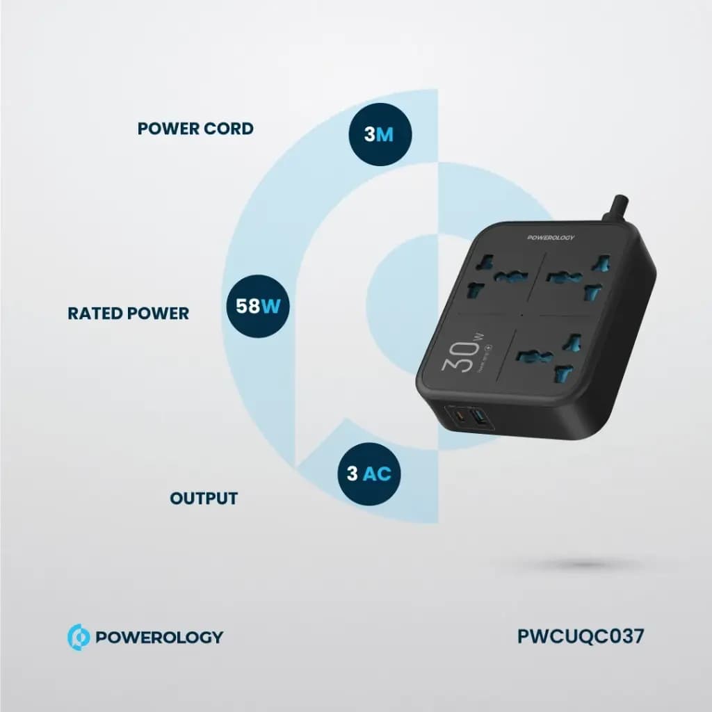 چندراهی و محافظ برق 3250 وات پاورولوژی(PWCUQC037)Powerology Power Strip 3250W 3AC – Black — تصویر ۳