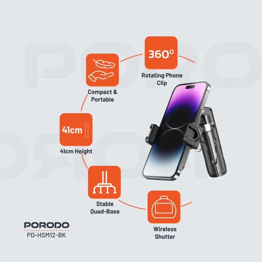 منوپاد و سه پایه تاشو موبایل پرودو (PD-HSM12)Porodo Foldable Selfie Stick with Extendable Tripod — تصویر ۵