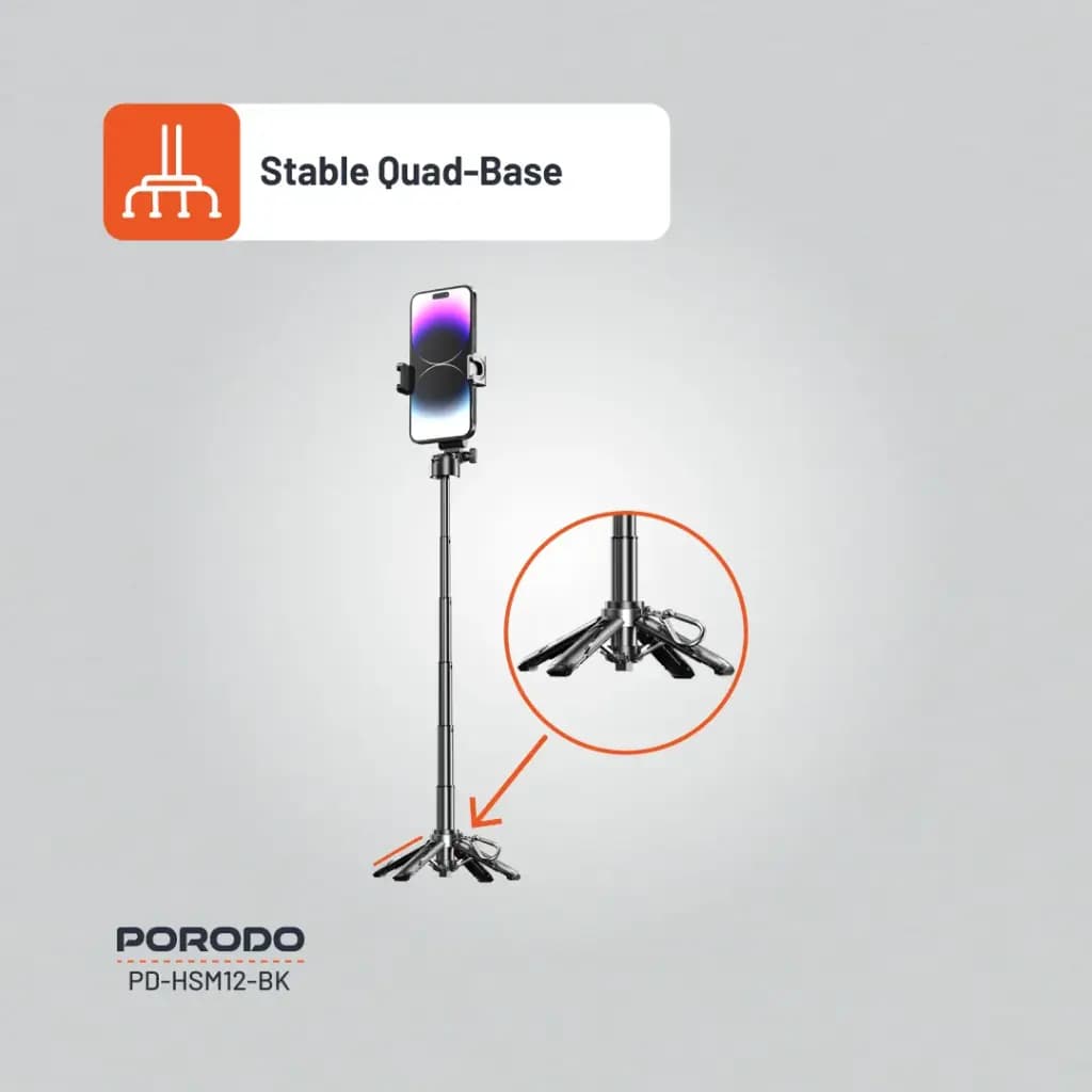 منوپاد و سه پایه تاشو موبایل پرودو (PD-HSM12)Porodo Foldable Selfie Stick with Extendable Tripod — تصویر ۴