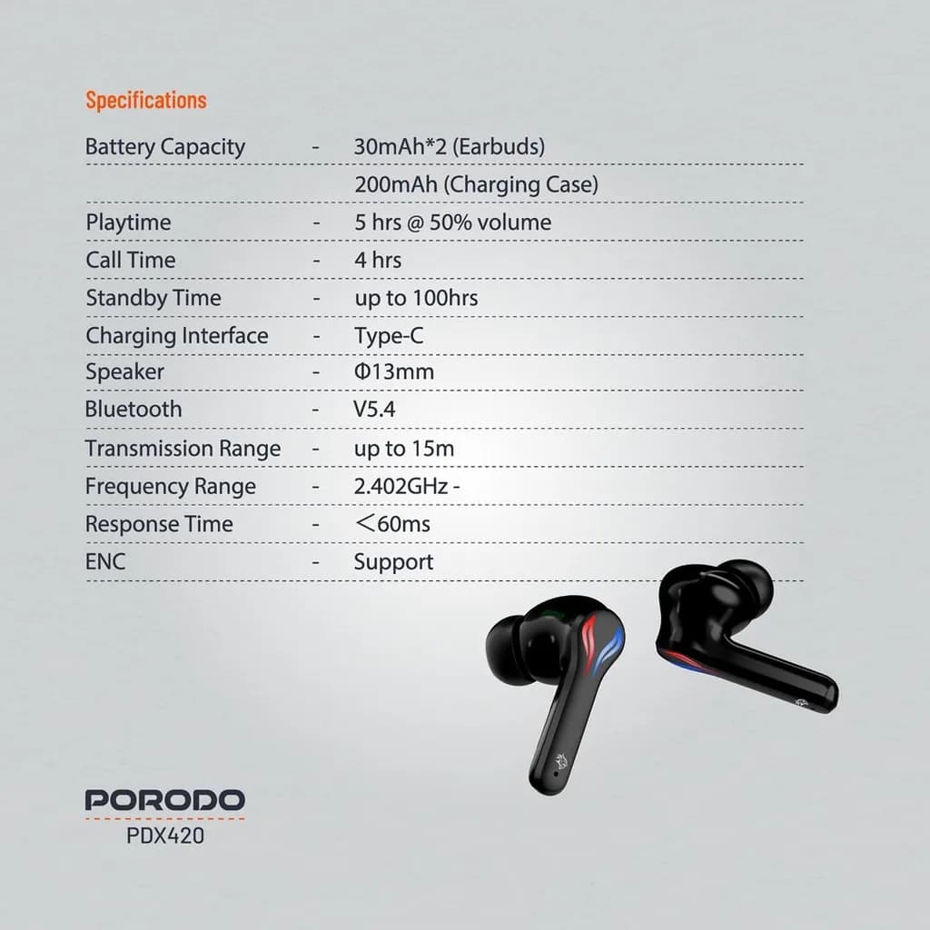هندزفری بلوتوثی گیمینگ مدل PDX420 پرودو گیمینگ (PDX420) Porodo Gaming Ultra Low-Latency Gaming Earbuds — تصویر ۵