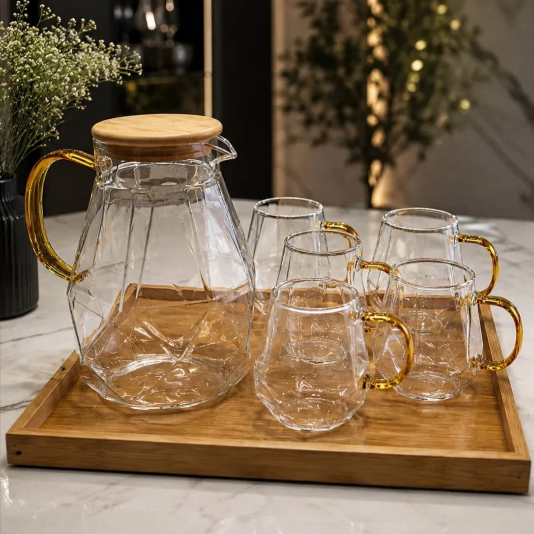 پارچ و لیوان پیرکس مدل دسته طلایی درب چوبی دلی Deli کد 6