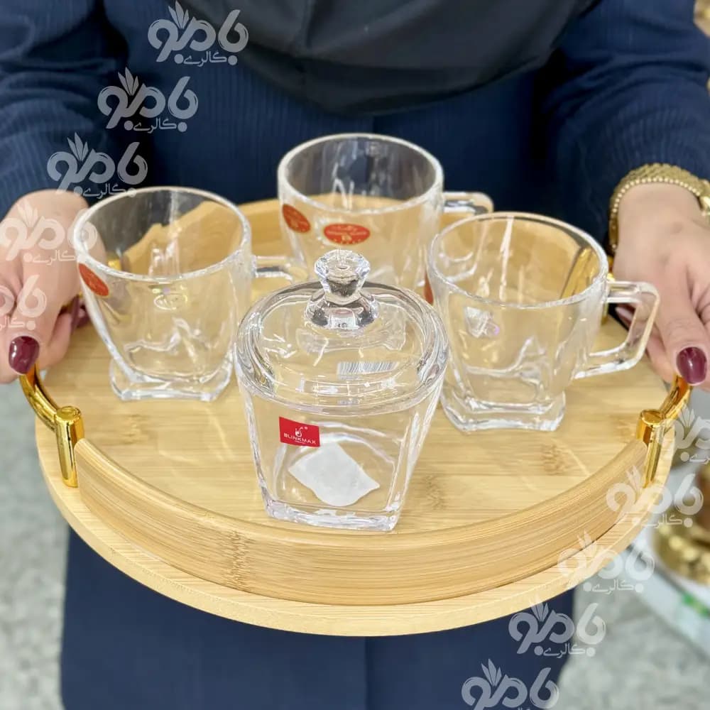 سینی چوب بامبو گرد دسته طلایی — تصویر ۳