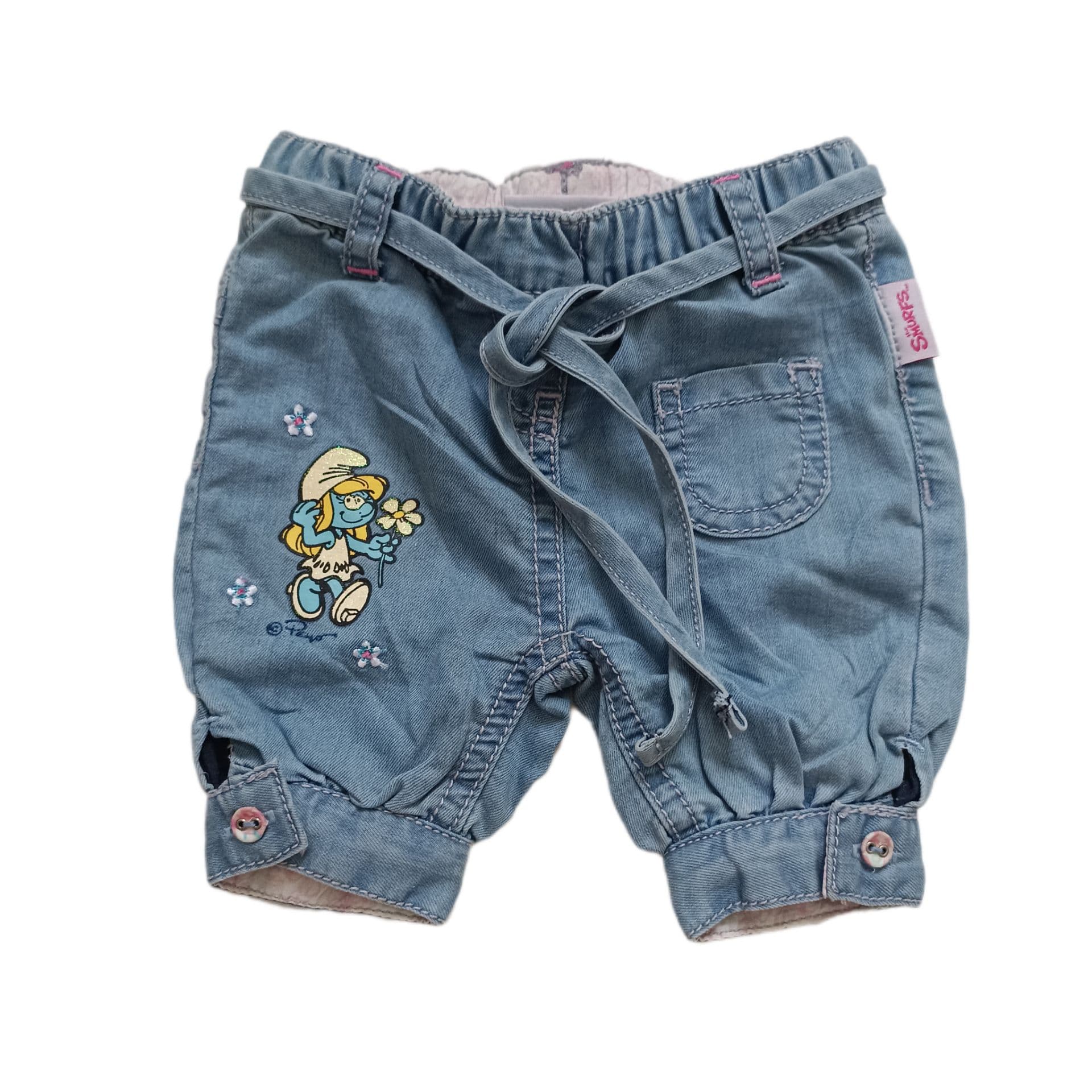 شلوار جین نوزادی دخترانه جونیورز (Juniors) انگلیس طرح اسمورفیت (Smurfs) مدل کمربنددار