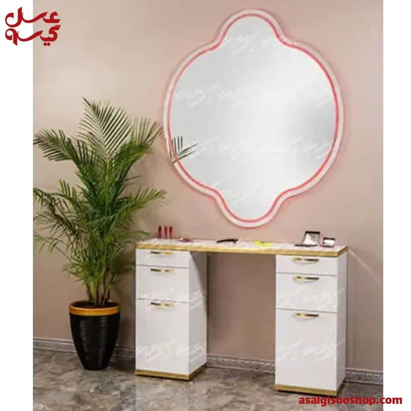 آینه دیواری بدون فرم فلزی با بک‌لایت و فایل زیر آینه 9065 صنعت نواز|Sanat Navaz Men’s Salon Backlight Wall Mirror with Cabinet | کد 2818
