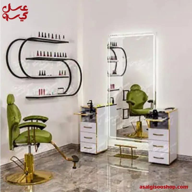 آینه دیواری با فرم فلزی با بک‌لایت و دو عدد فایل کنار آینه کنسول 9062 صنعت نواز |Sanat Navaz Men’s Salon Wall Mirror with Metal Frame Backlight and Dual Side Cabinets | کد 2815