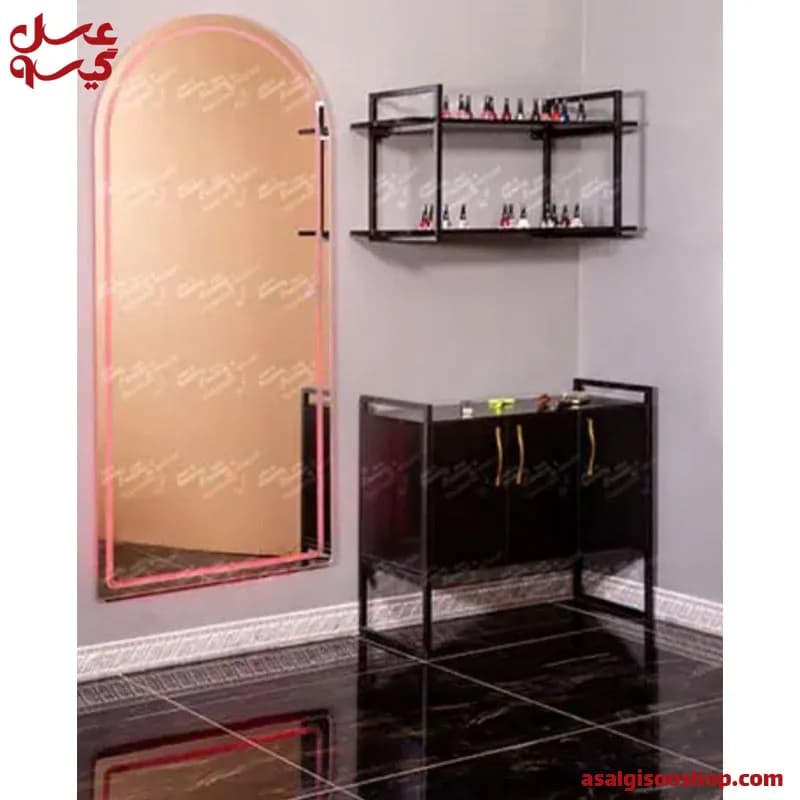 آینه دیواری فلزی با بک‌لایت و فایل کناری مدل 9045 صنعت نواز |Sanat Navaz Wall Mirror with Metal Frame, Backlight & Side Cabinet| کد 2804