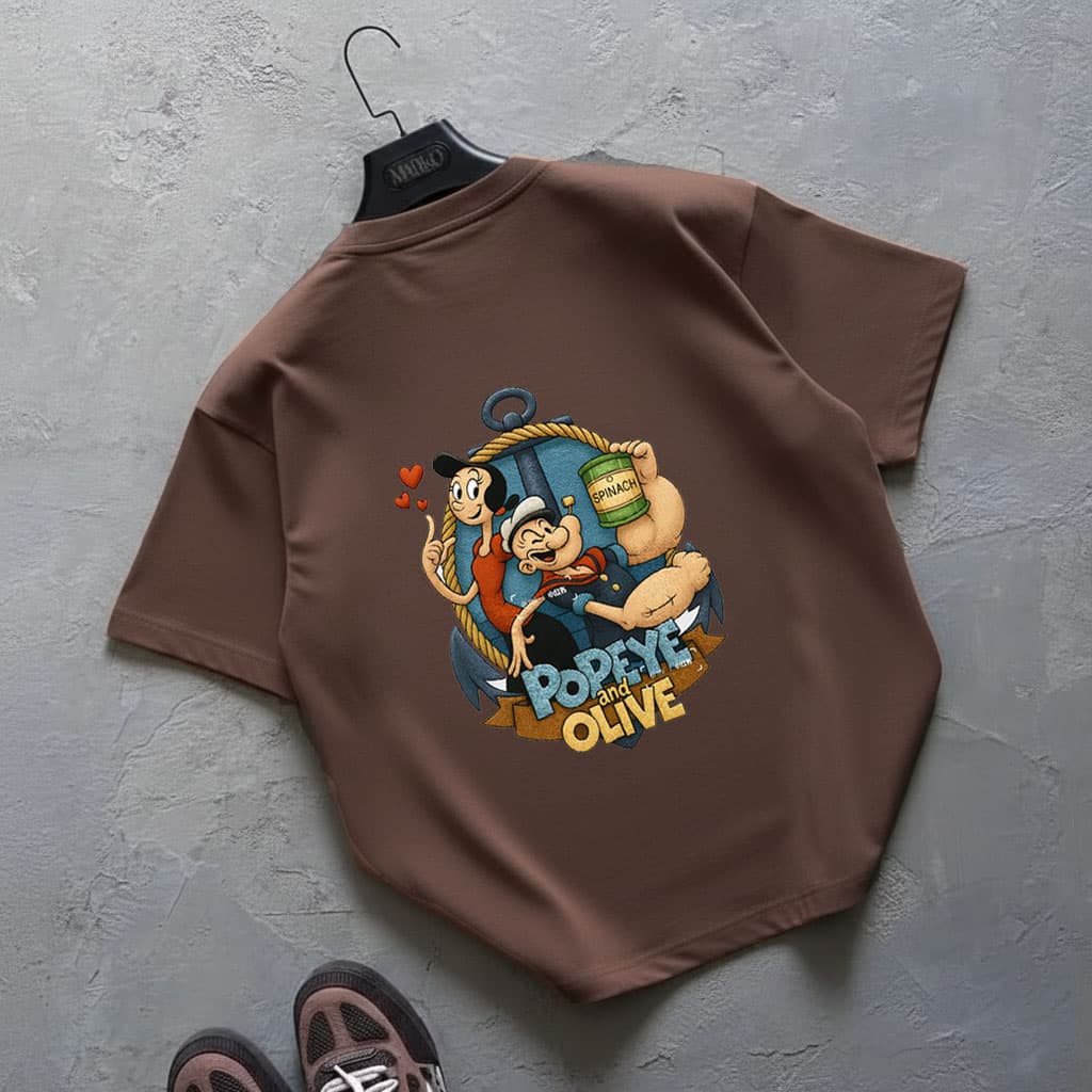 تیشرت باکسی طرح popeye و olive | جنس دونخ پنبه | رنگ قهوه ای