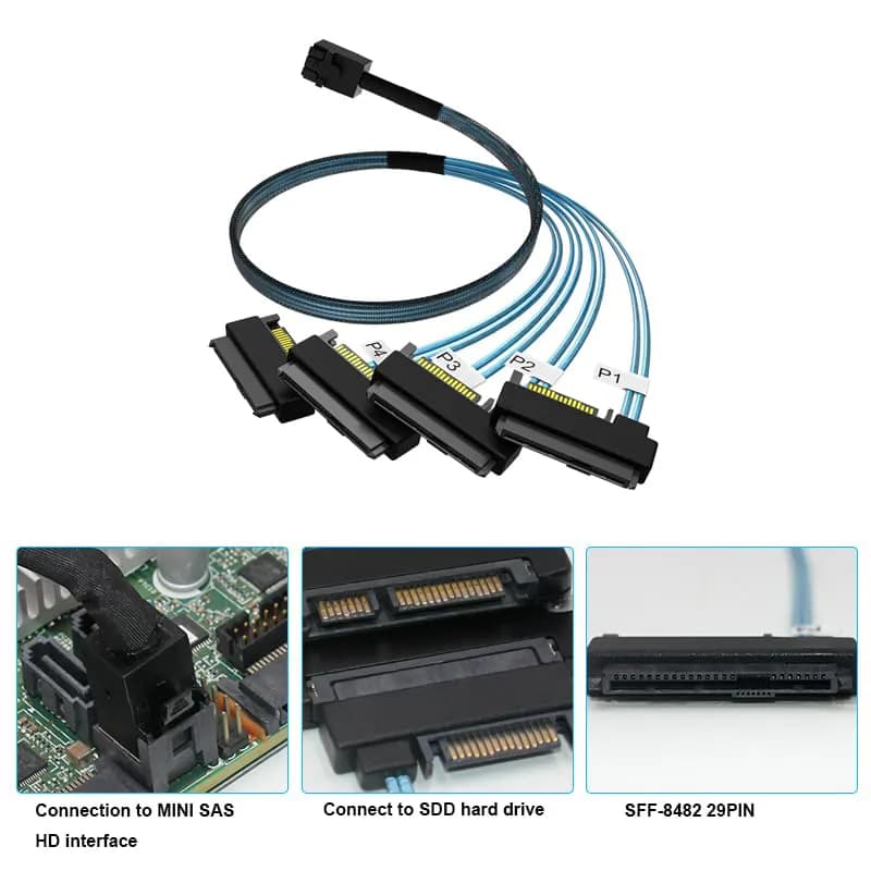 کابل Mini SAS HD SFF-8643 به 4 پورت SFF8482 + پورت برق 15 پین SATA مدل SM155 — تصویر ۵