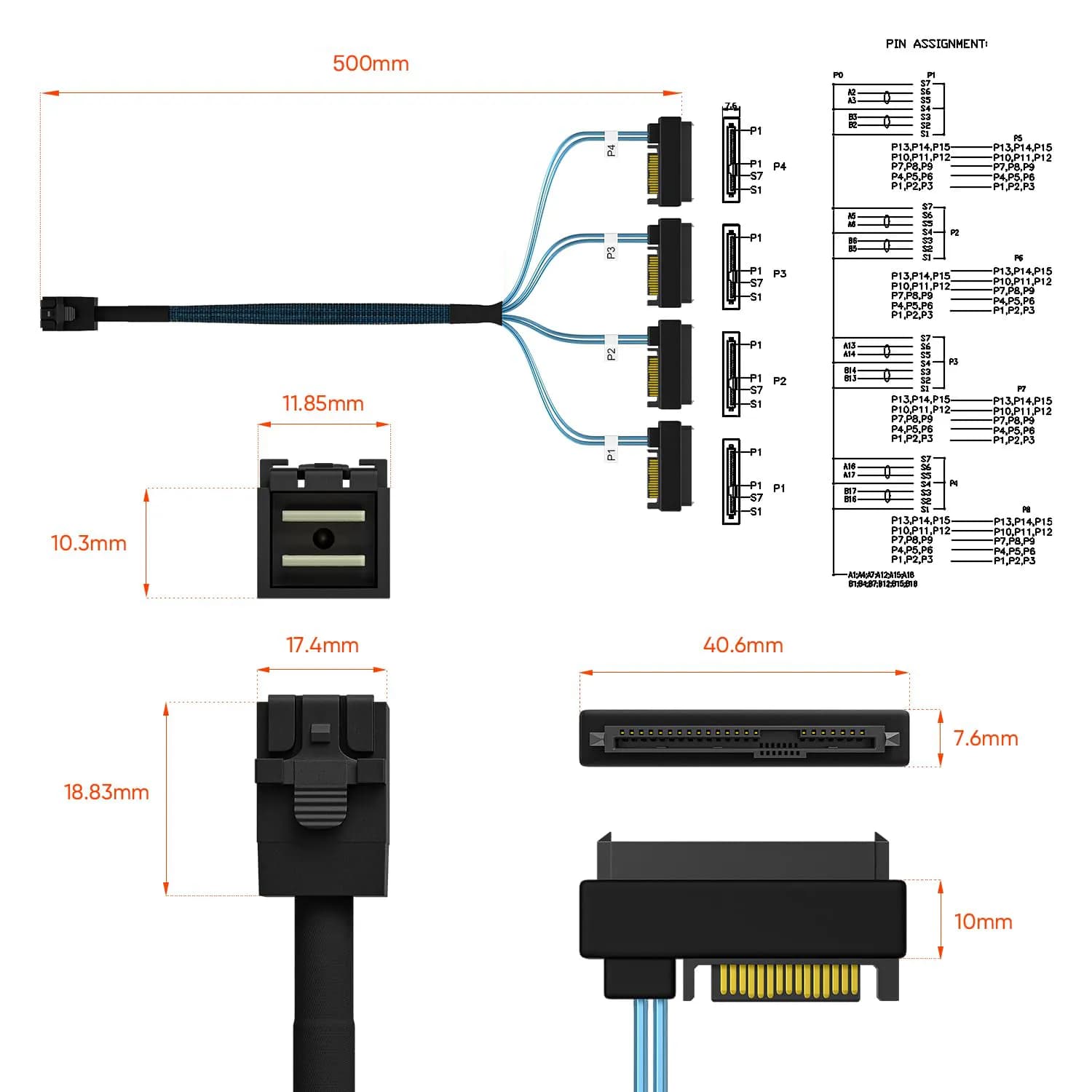 کابل Mini SAS HD SFF-8643 به 4 پورت SFF8482 + پورت برق 15 پین SATA مدل SM155 — تصویر ۴