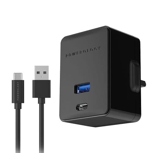 آداپتور شارژر پاورولوژی مشکی مدل Powerology Ultra Quick USB C Charger Dual (36W & 20W) PD with USB to C Cable
