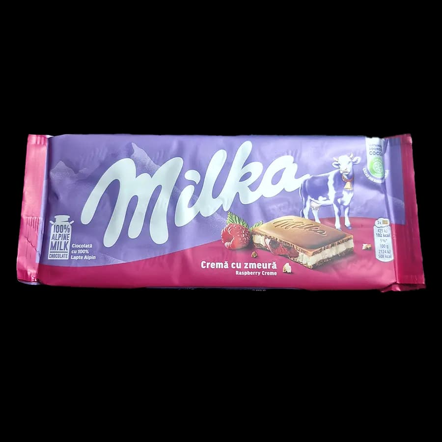 شکلات میلکا کِرِم تمشک (Raspberry Creme) با ترکیب شیر گاو آلپاین 100 گرمی