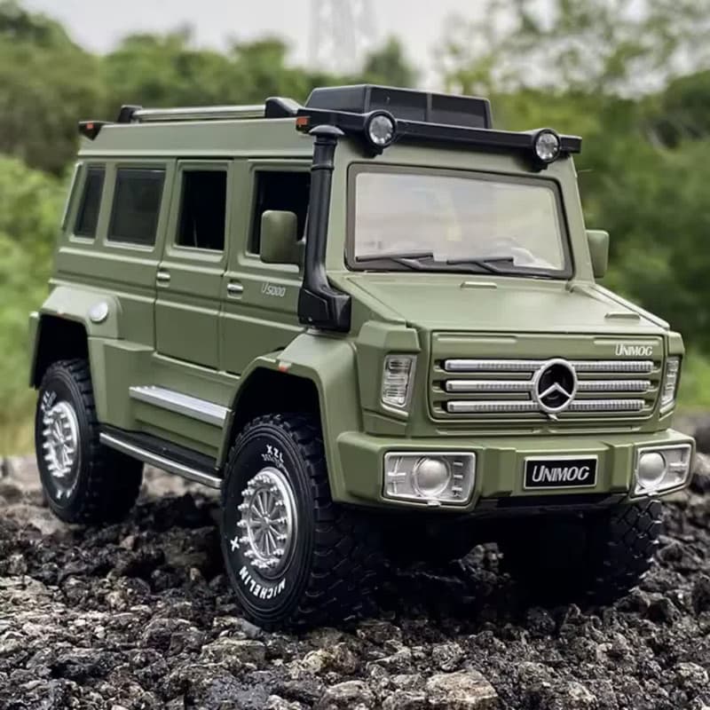 ماکت ماشین ناب سل مدل بنز یونیماگ فلزی موزیکال چراغدار عقب کش همراه با جاسوییچی MERCEDES BENZ UNIMOG U5000 — تصویر ۴