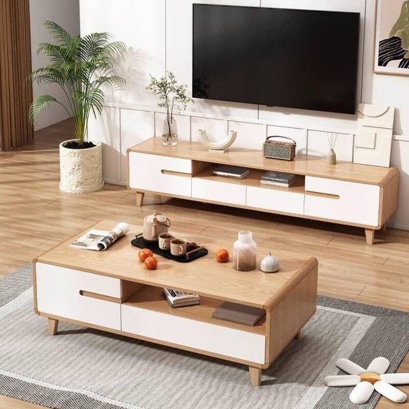 ست میز تلویزیون و جلومبلی سفید چوبی مدل ارکو