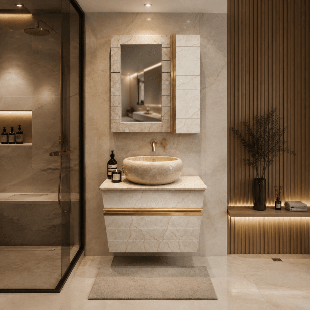 کابینت روشویی با سنگ طبیعی و آینه باکس کرم طلایی