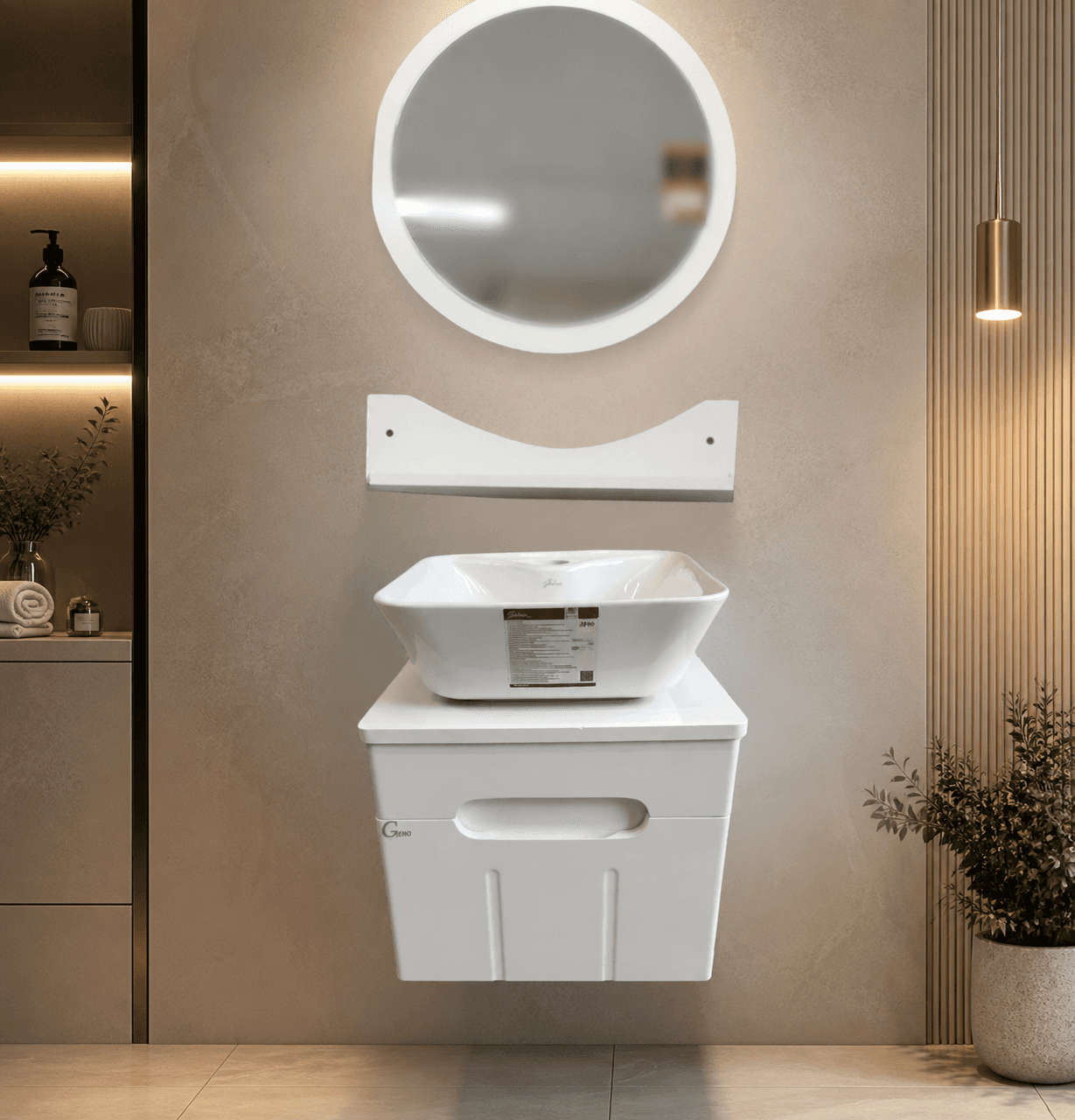 کابینت روشویی 40×40 سفید با آیینه گرد 50 سانتی‌متری