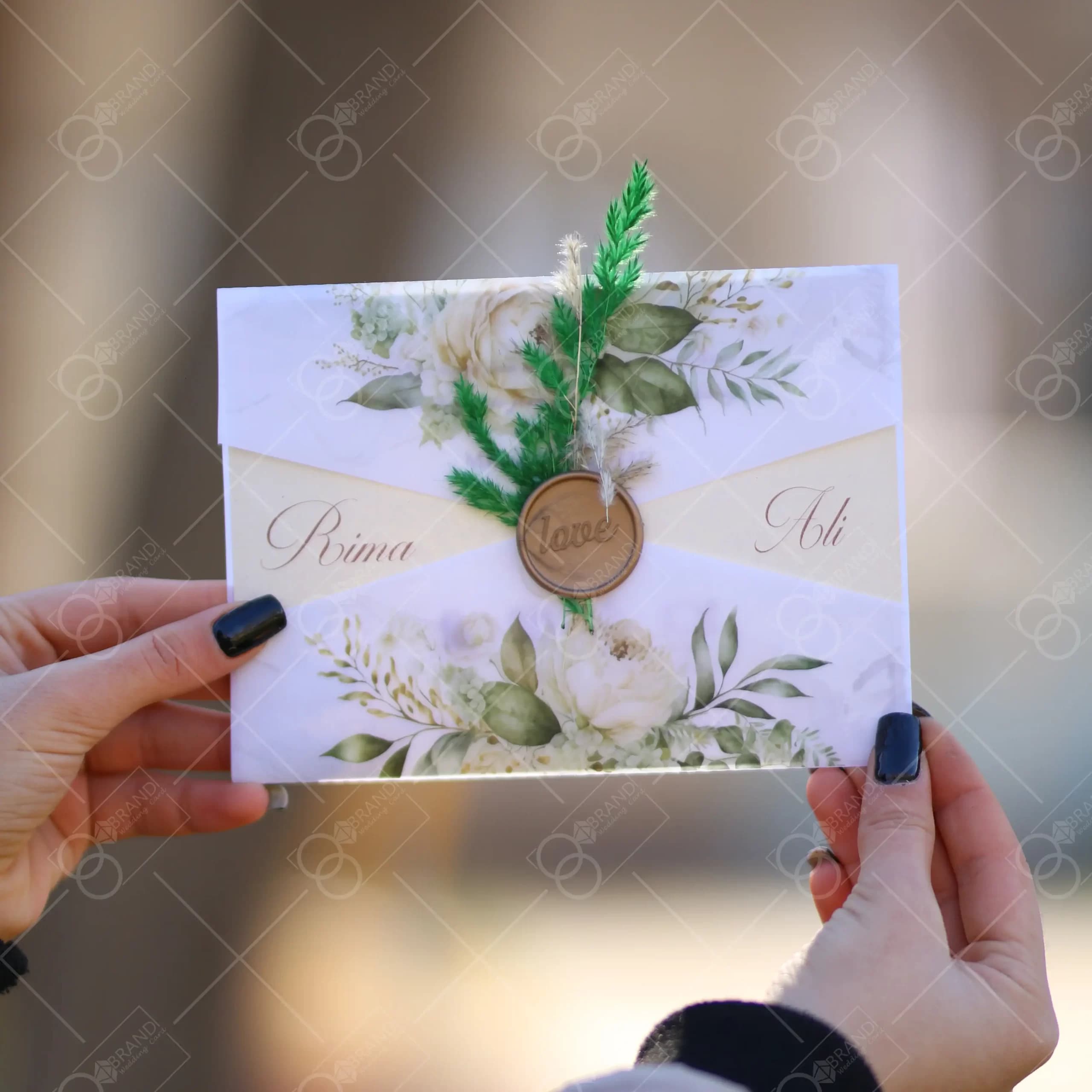 کارت عروسی کالکی با گل خشک سبز رنگ Laleh