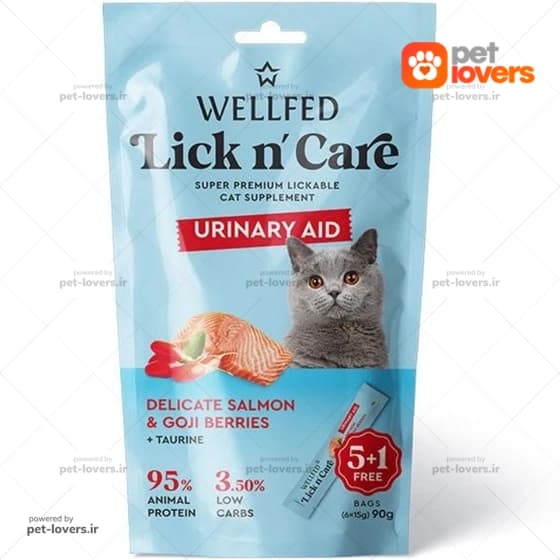 بستنی گربه مناسب سلامت کلیه طعم ماهی سالمون و گوجی بری ولفد Well Fed وزن 90 گرم (6 عددی)