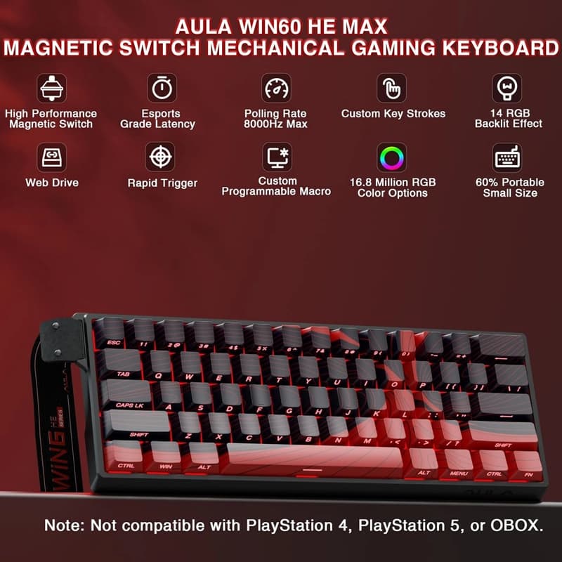 کیبورد سیم دار گیمینگ AULA WIN 60 HE MAX BLACK+RED WING CHUN MAGNETIC SWITCH — تصویر ۲
