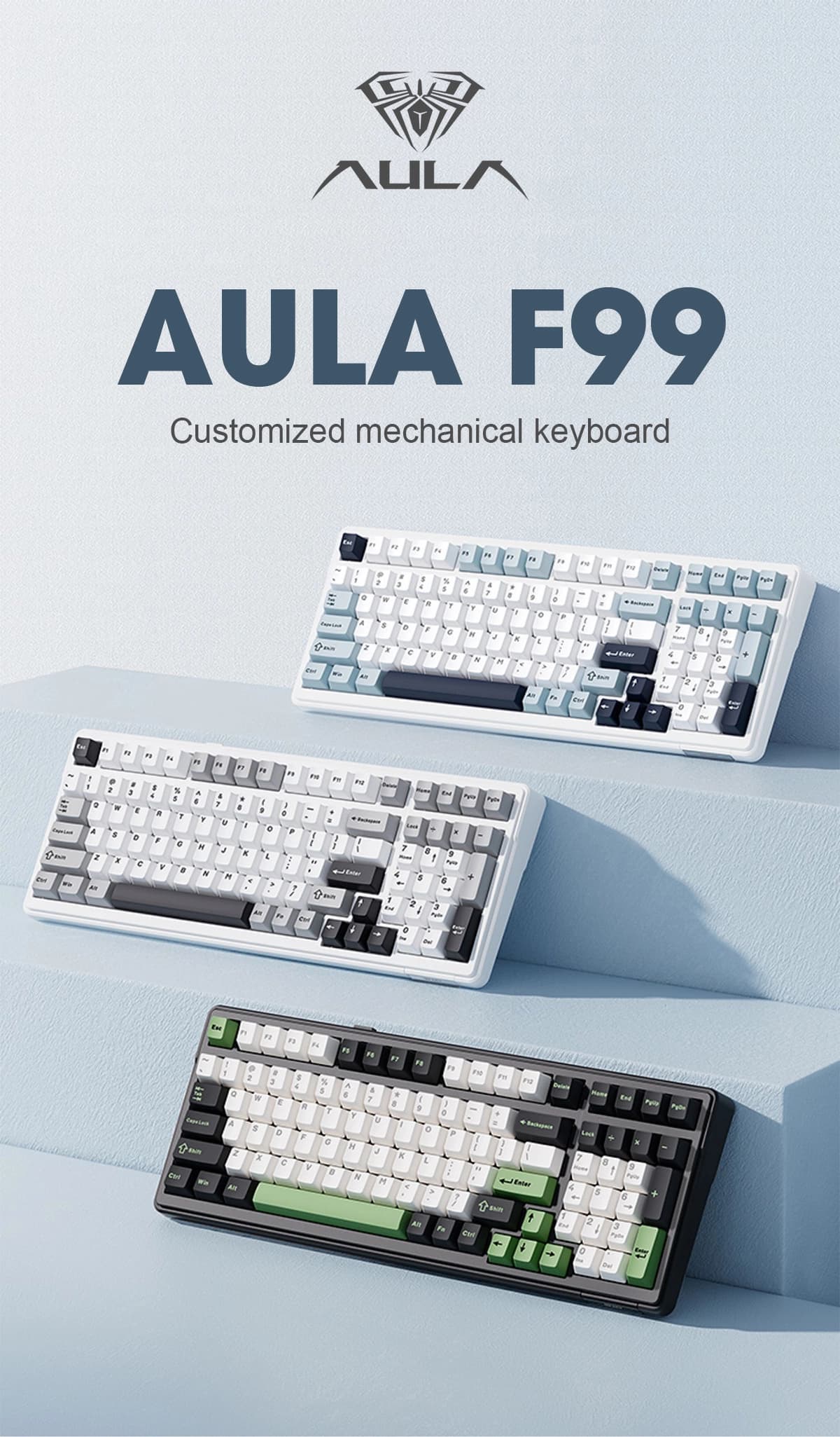 کیبورد بی سیم گیمینگ AULA F99 WHITE+BLUE+PURPLE GRAY WOOD SWITCH V3 — تصویر ۲