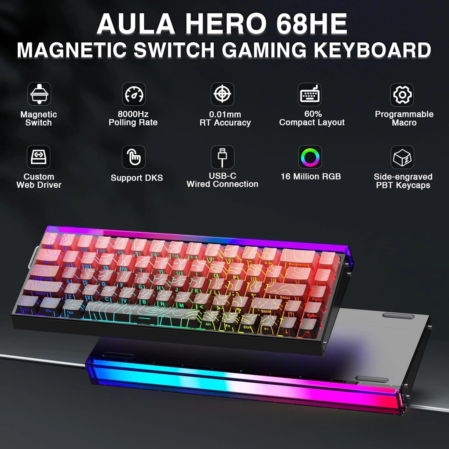 کیبورد سیم دار گیمینگ AULA HERO 68 BLACK+RED NEPTUNE SWITCH — تصویر ۲