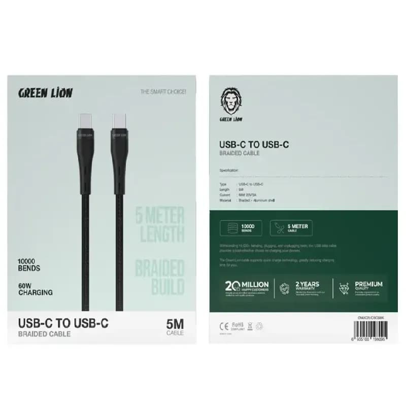کابل فست شارژ Type-c به Type-c گرین لاین 5 متری 60 وات — تصویر ۲