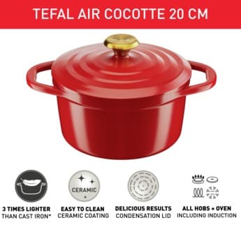 قابلمه چدن سرامیکی سایز 20 تفال مدل Air رنگ قرمز – TEFAL AIR STEWPOT 20 E2544455 — تصویر ۴