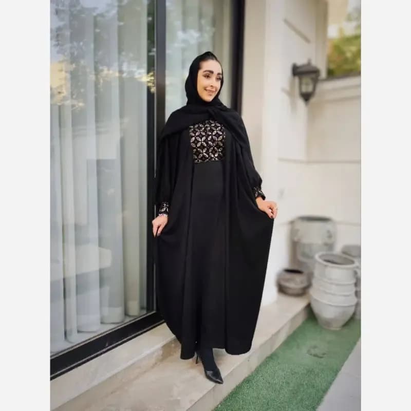 عبا مشکی طرح محیا با خرجکار سوزن دوزی هندی کرپ الیزه — تصویر ۱۱