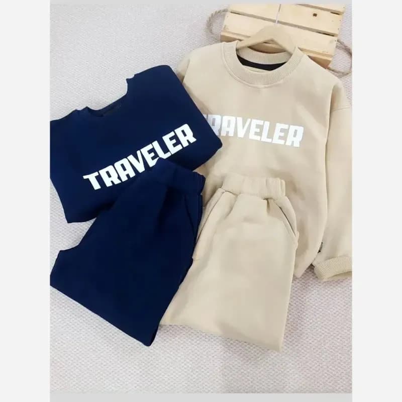 ست دورس بچگانه مدل Traveler پنبه 3 نخ ضخیم رنگ کرمی و سرمه ای مناسب 3 تا 12 سال — تصویر ۳