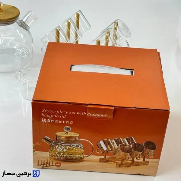 ست قوری و فنجان پیرکس با استند چوبی — تصویر ۴